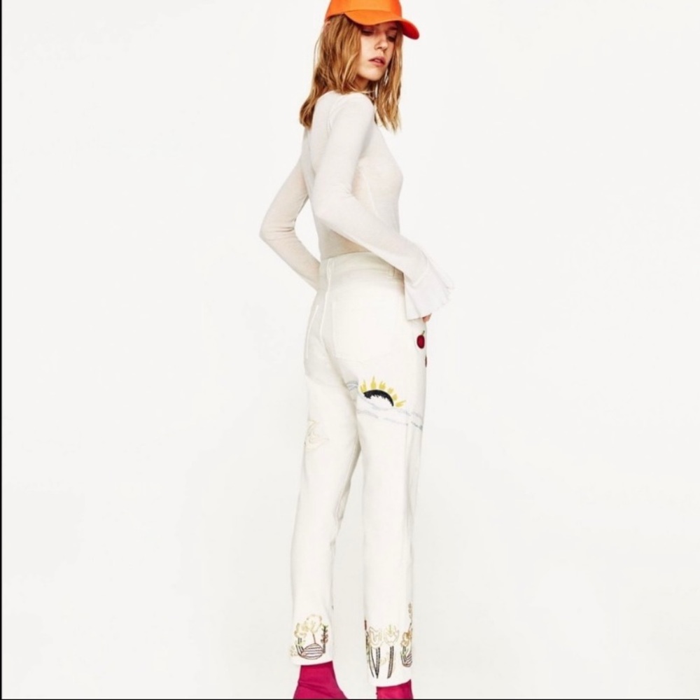Zara Women White Embroidered Jeans